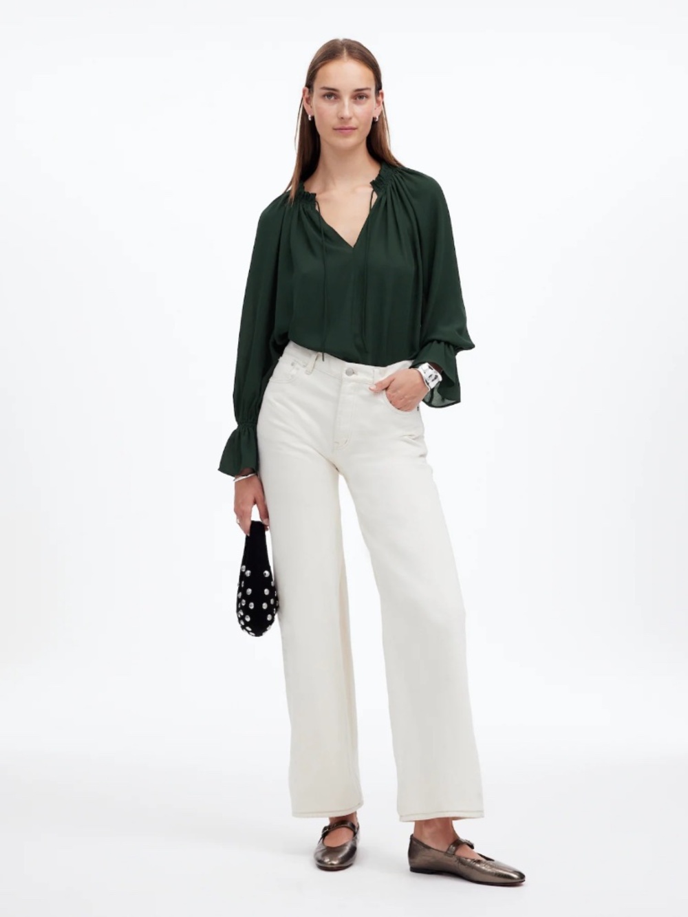 New MADEWELL Size M Long-Sleeve Tie-Neck Top in Luxury Forest $98 NT356 - Picture 3 of 7